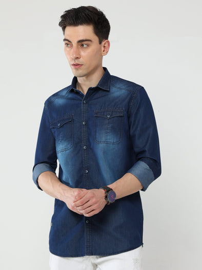 Navy blue denim shirt by Megasa | The Secret Label