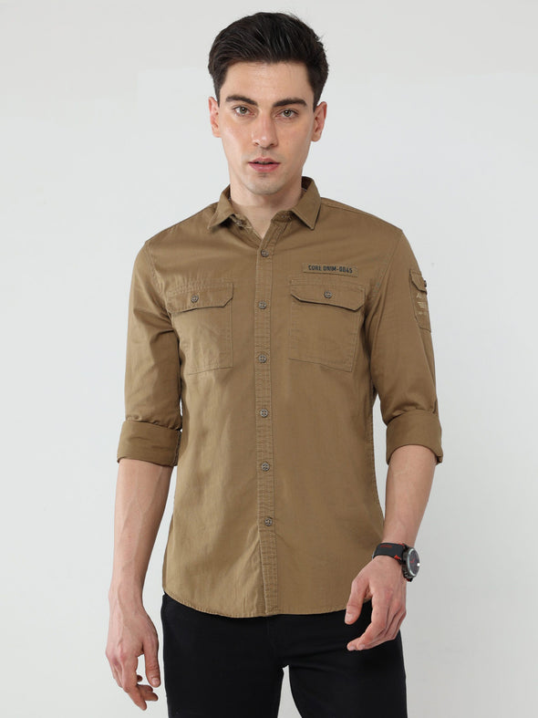 Premium 30's Laffer Twill Brown Cotton Shirt - Slim Fit, Casual Style