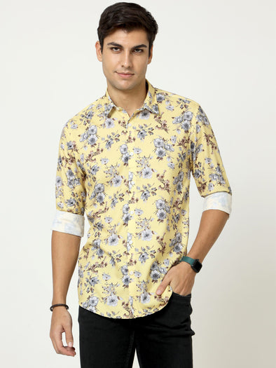 Premium Fancy Light Yellow Flowers Digital Print Shirt