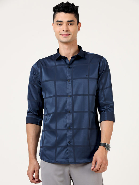 Premium Blue Satin Checks Shirt - Elegant Partywear in Blended Cotton Satin