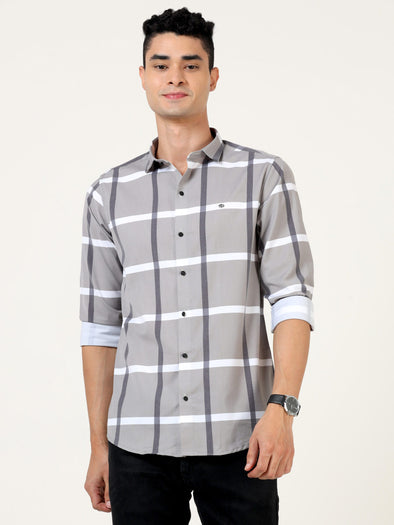 Premium Grey Checked Shirt - Blended Cotton Fabric for a Stylish Semi-Casual Look