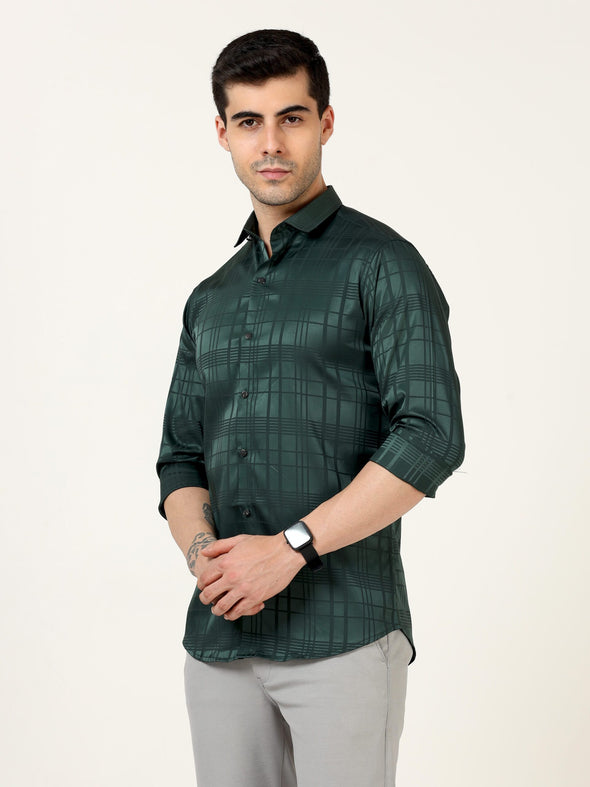 Premium Green Self Satin Checks Shirt - Elegant Partywear