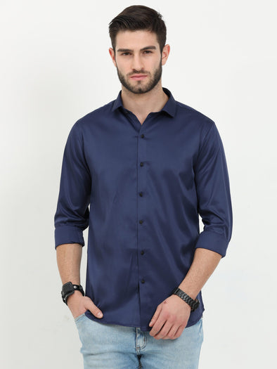Premium Party Wear Solid Royal Navy Blue Shirt - Slim Fit, Spread Collar, Printed Pattern