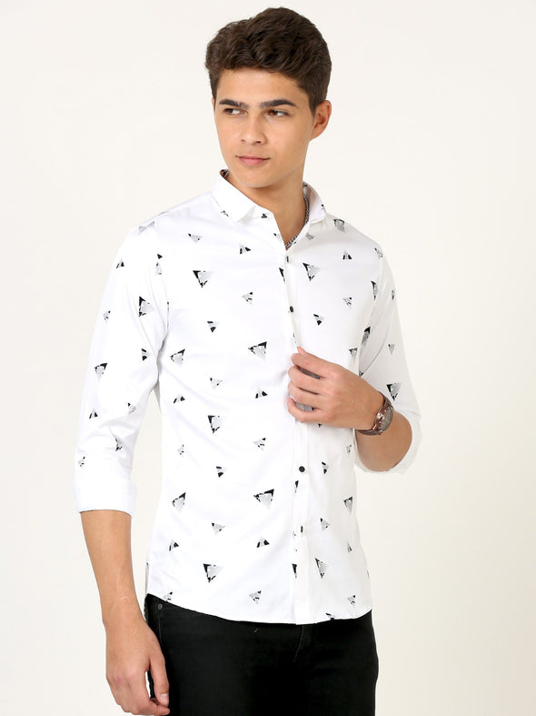 Exceptional Satin Digital Print White Shirt: Timeless Elegance with Artistic Detail