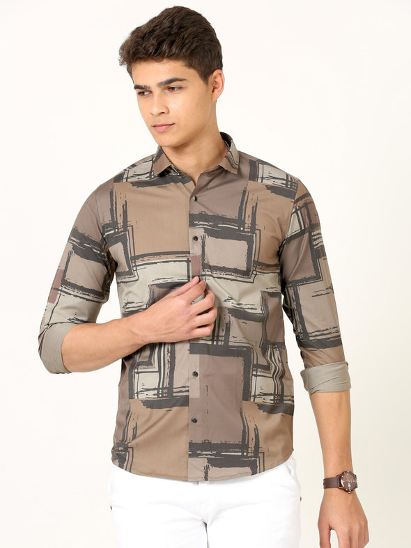 Blended Digital Abstract Lycra Print Brown Shirt: Embrace Modern Artistry with Unique Flair