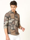 Blended Digital Abstract Lycra Print Brown Shirt: Embrace Modern Artistry with Unique Flair