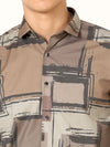 Blended Digital Abstract Lycra Print Brown Shirt: Embrace Modern Artistry with Unique Flair