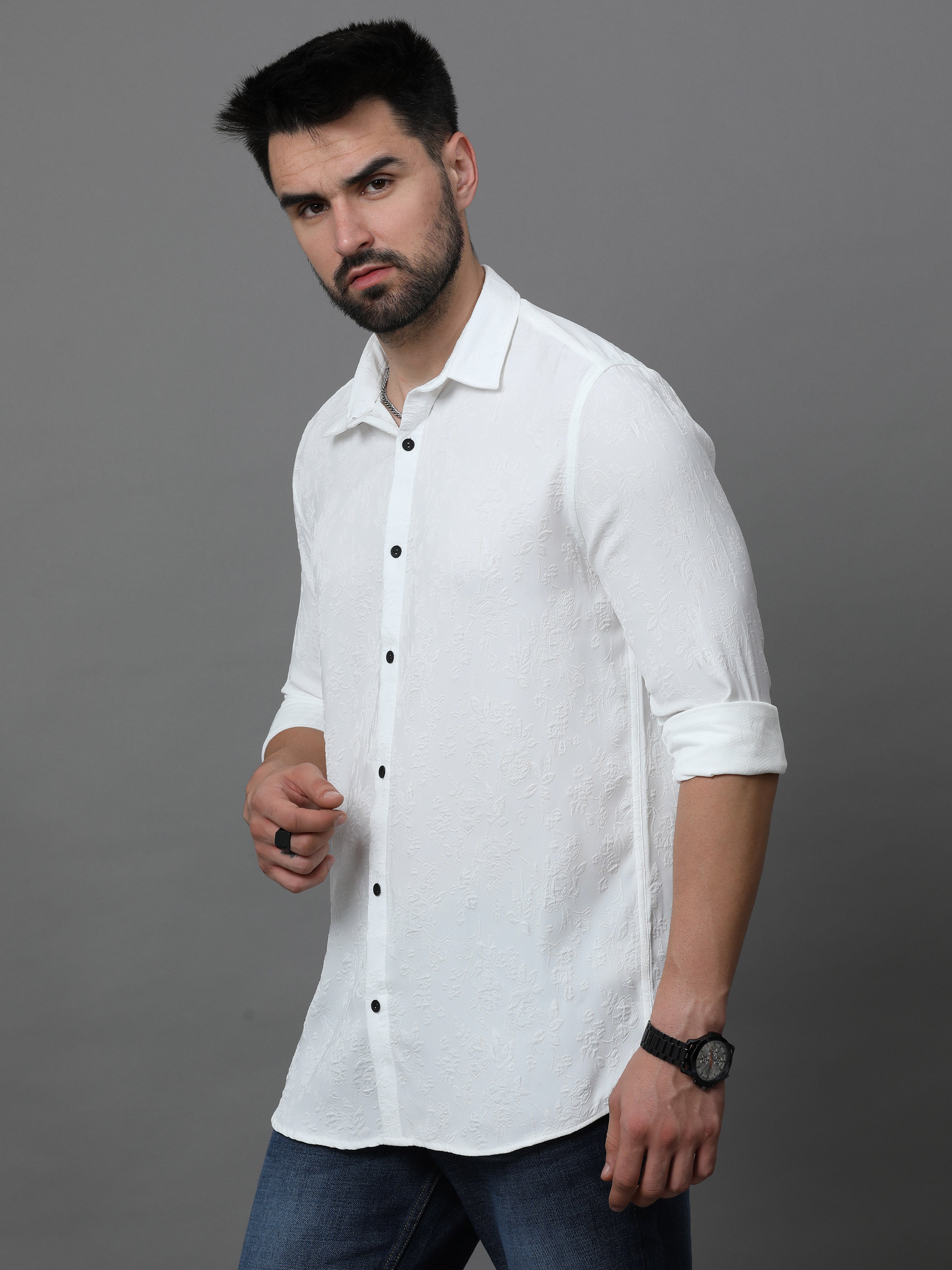 Exquisite Sophistication: White Floret Design Shirts with Imported